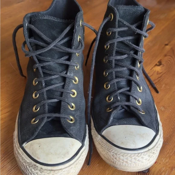 Black High-Top Sneakers with Gold Eyelets - Picture 1 of 5